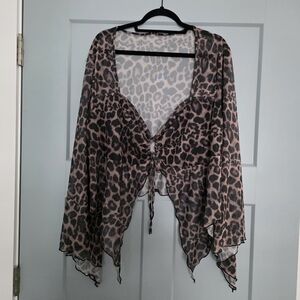 Leopard Print Sheer Mesh Tie Front Top Women’s 6XL Y2K Long Sleeve